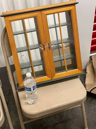 Display case, fold-up chairs