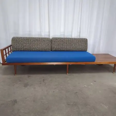 Vintage Scandi-Modern Teak Walnut and Tweed Side Table Sofa
