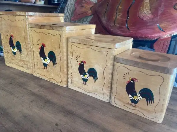 ANTIQUE ROOSTER WOOD CANISTERS