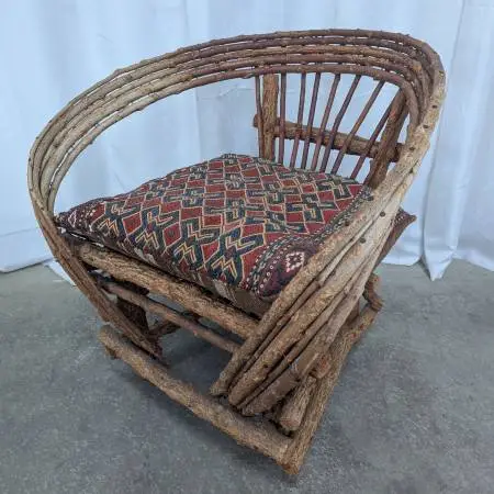 Swamp Willow and Twig Barrelback Armchair w/Kilim Wool Cushion