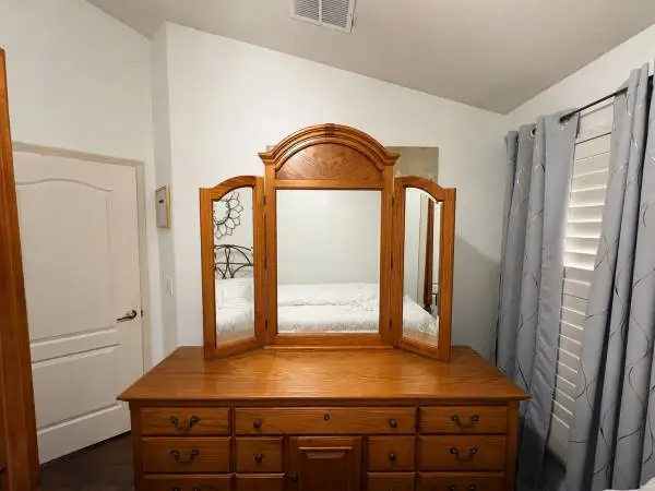 Solid Oak Bedroom Set with Four Poster Bed, Dresser, Mirror and Nightstand