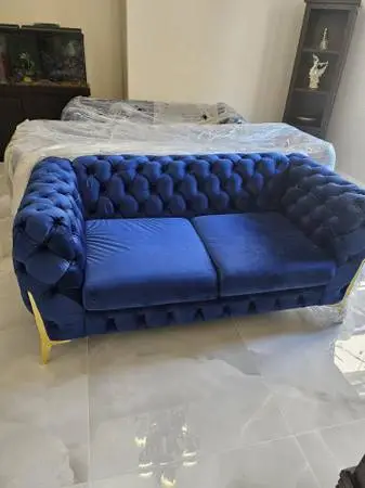 Hollywood Regency Royal Blue Velvet Tufted Sofa Set BRAND NEW!!