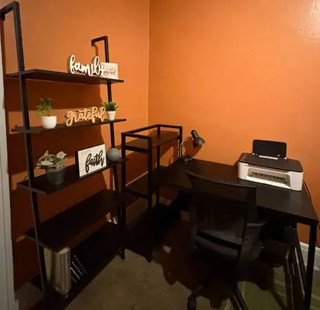 Desk, Chair, Bookshelf, Printer