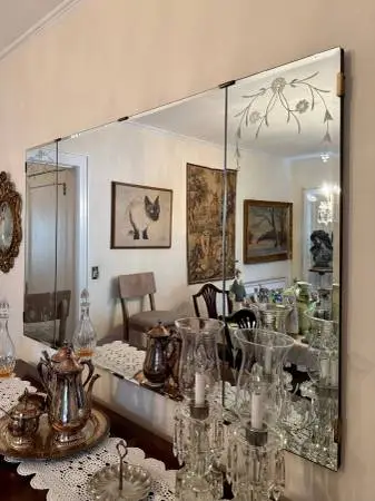 Vintage Beveled Edge Wall Mirror w/ Etched Floral Designs 60x36