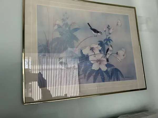 Framed Abstract Bird with flowers Painting