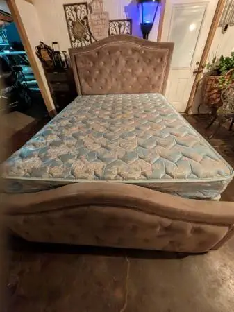 $185 OBO Queen mattress, box spring grey headboard and. Footboard