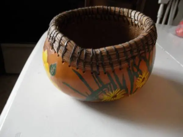 Artistically Hand Painted Gourd With Pine Needle Woven Rim!