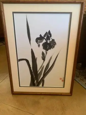 Japanese Iris Original Painting On Silk Framed