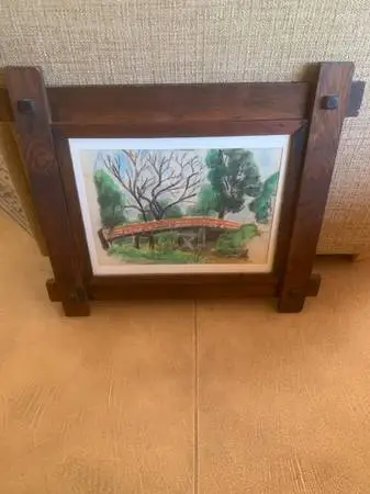 Vintage Pastel Painting “Red Bridge” Unique Frame