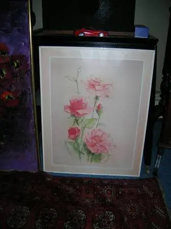 Large Watercolor Painting & Flower Art in Beautiful Frames Under Glass