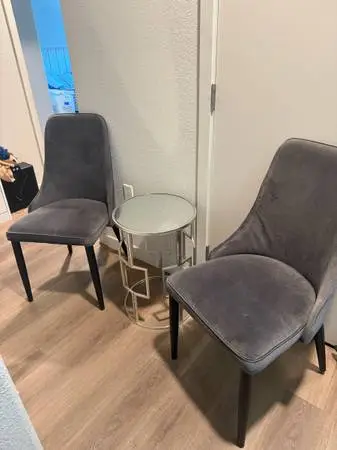 Desk with shelves, Outdoor table and chair, glass side table, 2 velvet dining ch