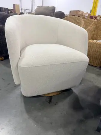 Henredon Murphy Swivel Boucle Accent Chair Cream Solid Wood Base Trim