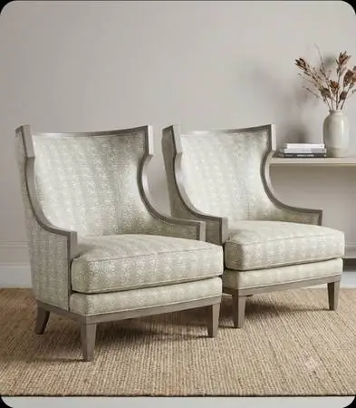 Pair of 2 Ethan Allen Corrine Wingback Club Chairs Gray Upholstered