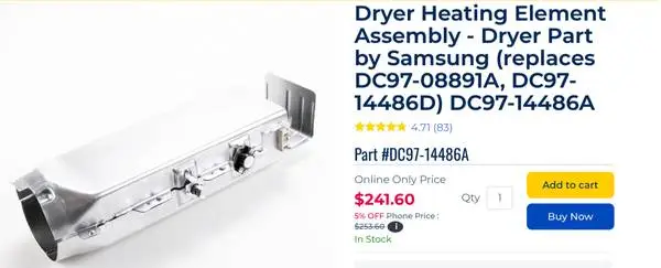 Samsung Electric Dryer Heating Element Assembly Never Used, New.