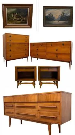 Vintage Mid Century Modern Credenza Dresser Sofa Table Rug Desk Art Painting (Bi