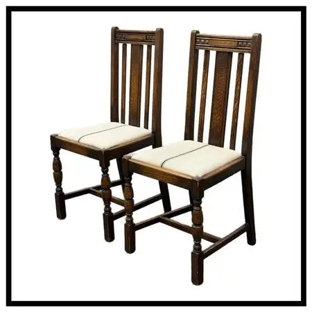 Jacobean Revival Antique Oak Upholstered Side Chairs, Pair