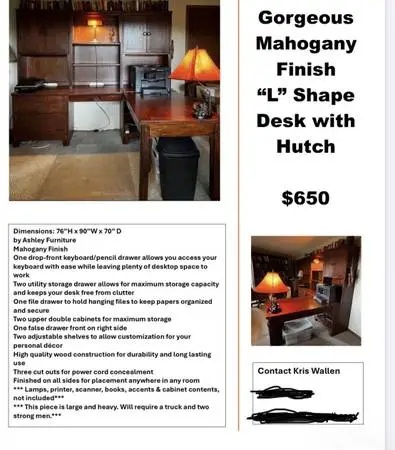 Gorgeous Mahogany finish “L” shape Desk with Hutch