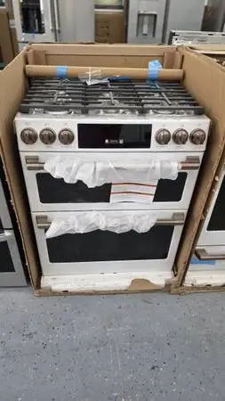 New ge cafe matte white double oven gas range still in box