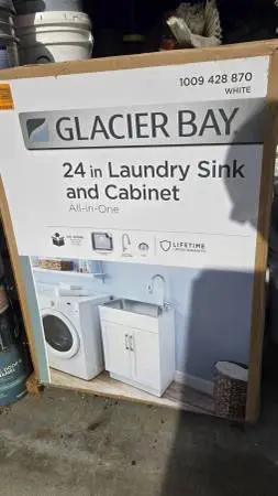 NEW SEALED - GLACIER BAY white 24 in laundry sink and cabinet
