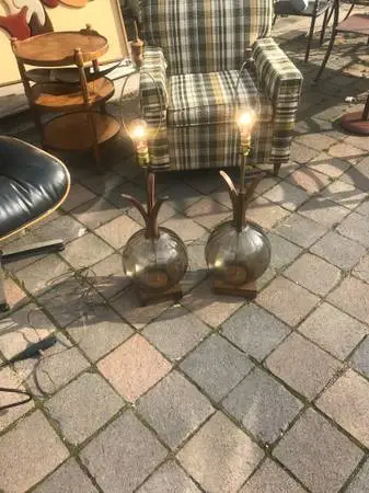 Pair of Mid Century Modern Blown glass + walnut lamps B23