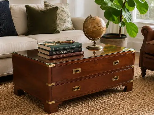 Vintage Harden Campaign Chest Coffee Table | Solid Wood | Brass