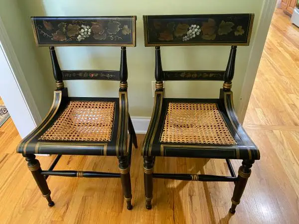 American Empire Style Harvest Stenciled Cane Seat Chairs Pair