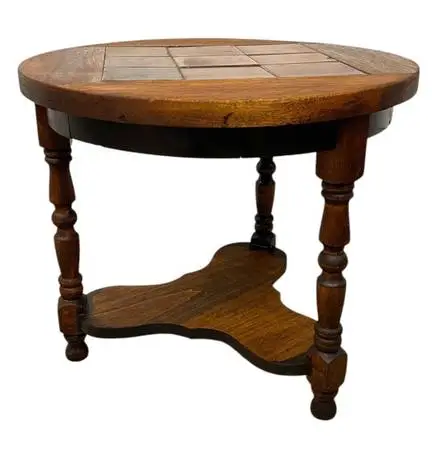 Vintage Arts & Crafts Tile Top Side Table with Turned Legs and Lower Shelf