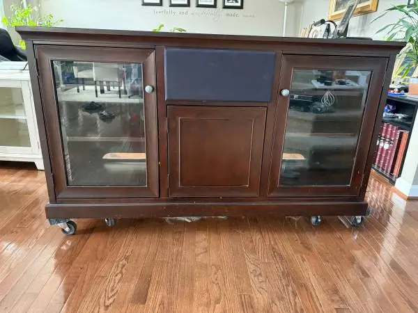 100% Real Dark Wood Media Console TV Stand with Glass Doors