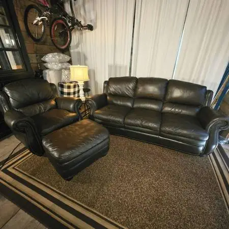 Top‑Grain Leather Sofa, Chair & Ottoman – Full Leather Wrap, Restored