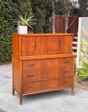 Vintage 1960s Mid Century Modern 5-Drawer Tall Walnut Dresser Chest
