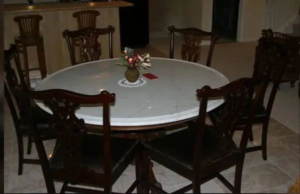 MARBLE TOP TABLE with TEAK BASE with 6 MATCHING MAHOGANY CHAIRS with L