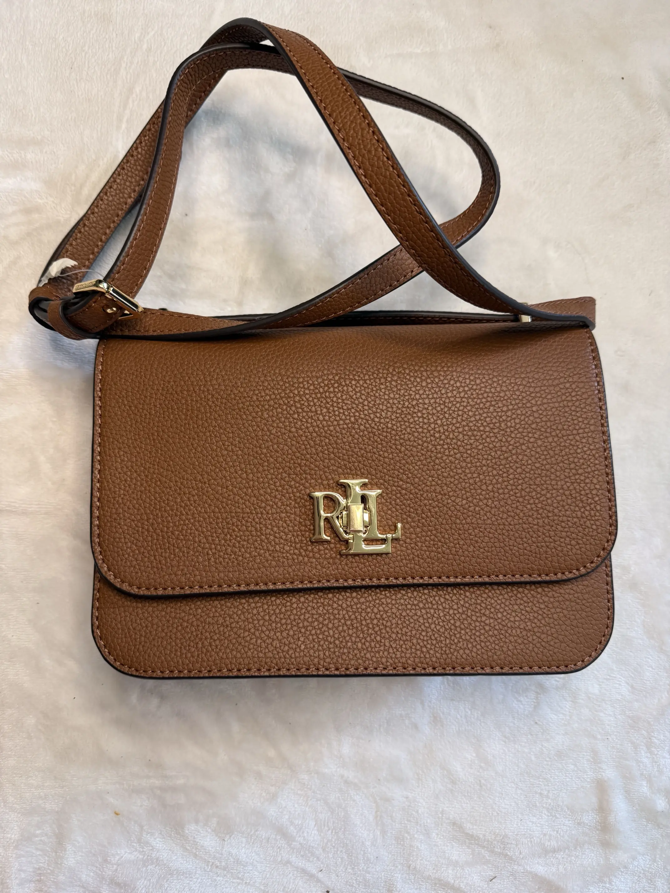 Lauren Ralph Lauren Crossbody Bag – Brown Pebbled Leather – Gold RL Turn Lock