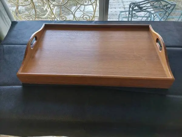Vintage Mid Century Modern Dolphin Teak Folding Breakfast Tray.