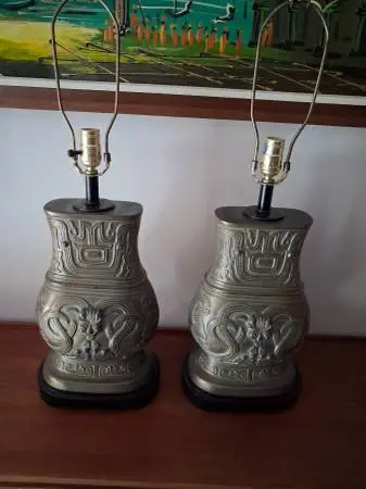 Archaistic Pair of Brass Chinese Hu Vessel Urn Table Lamps.