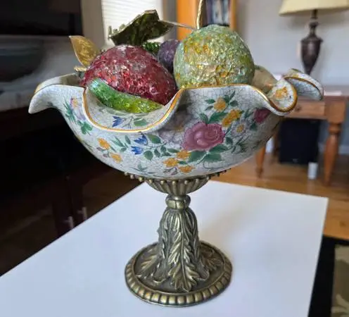 Vintage Mosaic Fruit Centerpiece – Floral Pedestal Bowl