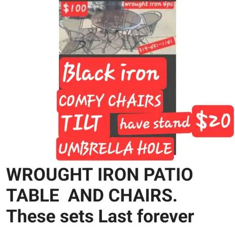 WROUGHT IRON PATIO TABLE AND CHAIRS. These sets Last forever