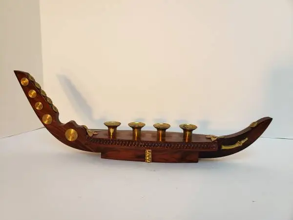 Vintage Wood Viking Ship Candle Holder