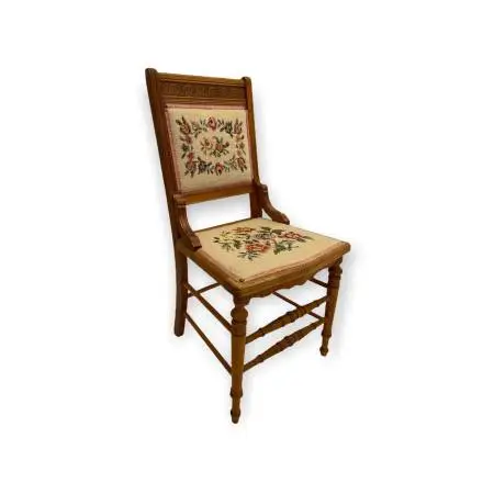 Victorian Style Vintage Floral Needlepoint Side Chair with Turned Legs