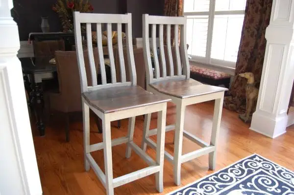 Set of Two Gray Farmhouse Bar Stools with Stained Seats - Bar Height