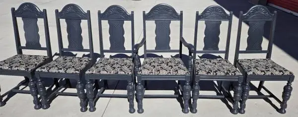 Set of 6 Painted Black Antique Jacobean Style Dining Chairs