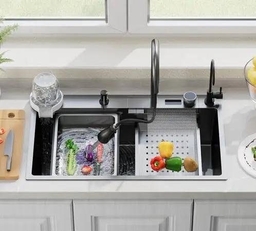 NEW Black-Grey Nano Kitchen Sink with Waterfall,31.5x18x9 Inch