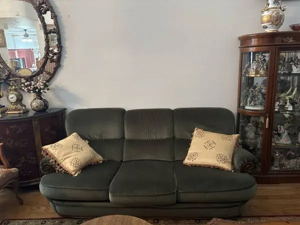 Green Velvet Couch, matching side chairs and Red Love seat