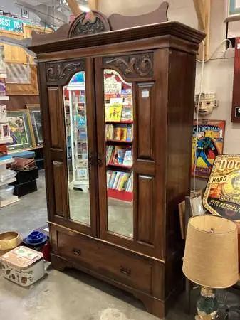 English Armoire Oak Washstand Decor Cubs wreath art lamps