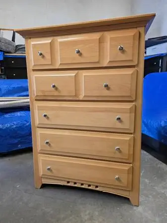 Modern Honey Oak Color 5 Drawer Tallboy Dresser