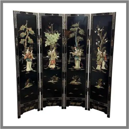 Asian Black Lacquer Four-panel Folding Screen