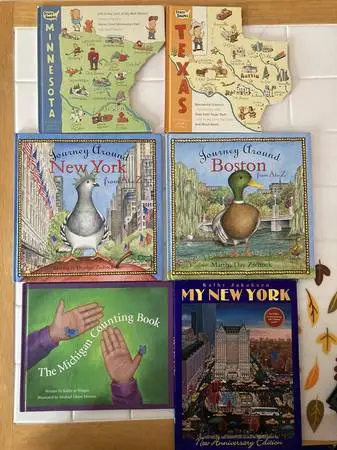 Kids Nice Books on 50 States, MN, TX, MI, MA, HI, FL, NYC, Boston