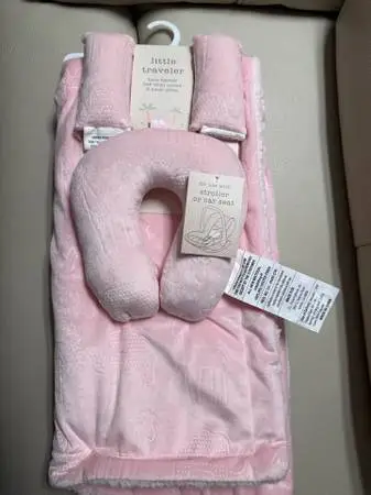 (new) little traveler baby blanket belt strap covers & travel pillow