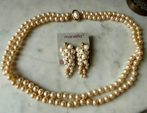 Vintage Marvella Faux Pearl Double Strand Necklace & Grapevine Earings