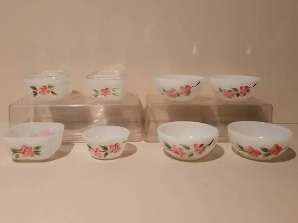 Fire King Oven Ware Milk Glass Painted Pink Flowers - $20.00 Each