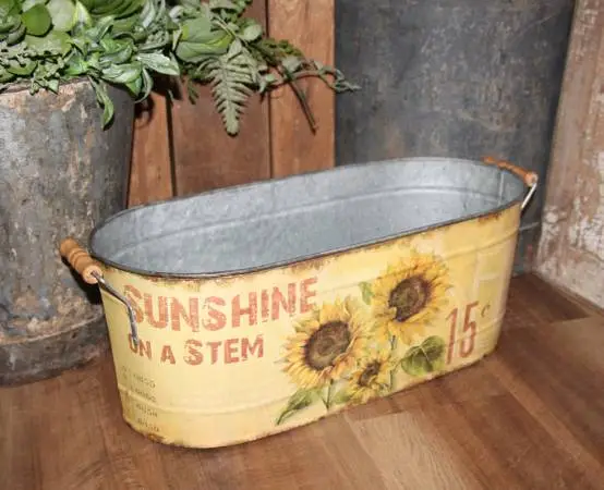 Large French Country Farmhouse Sunflower Metal Bucket Tub